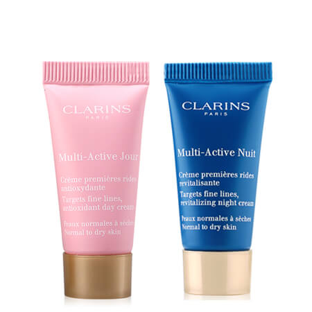 แพ็คคู่ Clarins Multi Active Targets Fine Lines Antioxidant Day 5 ml + Night Cream 5 ml เจลลดเลือนริ้วรอยเช้าและครีมฟื้นฟูความยืดหยุ่นผิวกลางคืน 